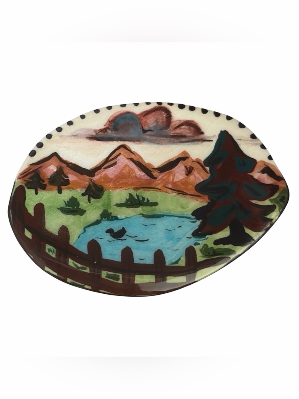 1940's Hand Painted Landscape Mountain Stream Vintage Ceramic Brass Brooch